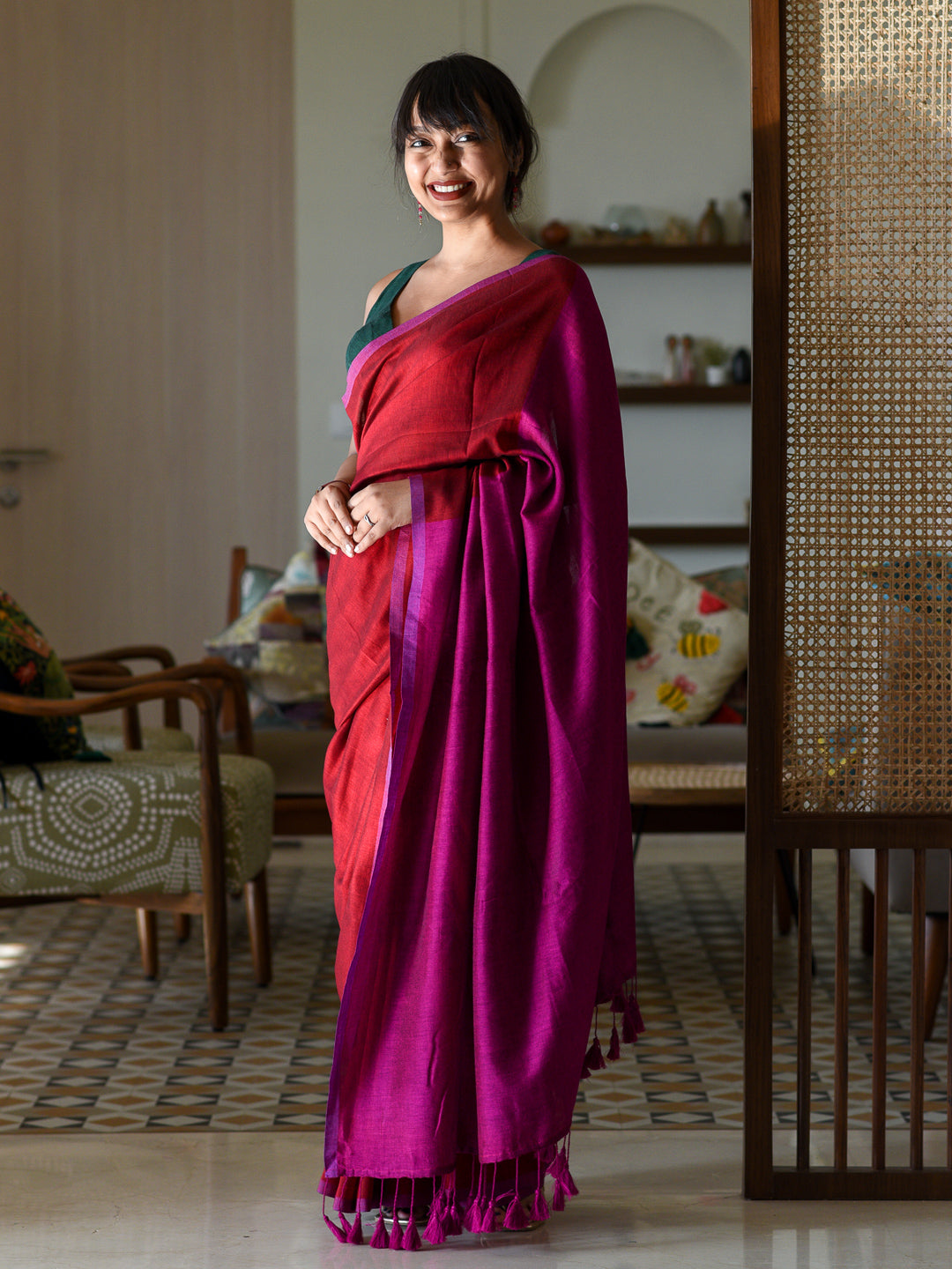 Women's Red Cotton Blend Saree
