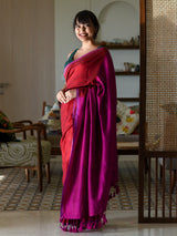 Women's Red Cotton Blend Saree
