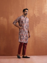 Men's Red Festive Printed Regular Fit Full Sleeves Kurta