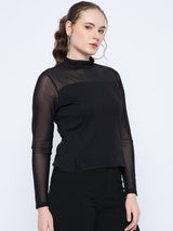 Women's Black Casual Full Sleeve Band Neck Embellished Solid Mesh Top
