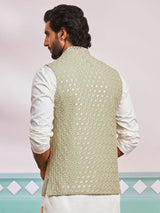 Men's Green Rayon Floral Embroidered Full Sleeves Nehru Jacket