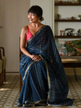 Women's Blue Cotton Blend Saree
