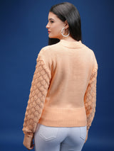 Women's Orange Casual Self-Design Full Sleeves Sweater