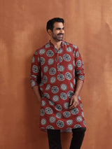 Men's Red Festive Printed Regular Fit Full Sleeves Kurta