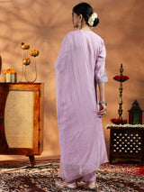 Women's Purple Floral Embroidered Straight Kurta with Solid Trouser and Poly Chiffon Self Design Dupatta