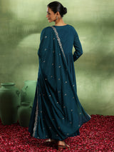 Women's Blue Floral Zari Embroidered Yoke Design Kurta with Solid Trouser and Embroidered Dupatta