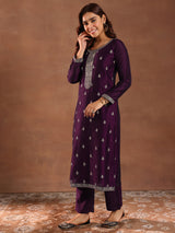 Women's Purple Ethnic Motif Embroidered Straight Kurta with Solid Trouser and Embellished Dupatta