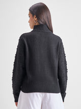 Women's Black Casual Striped Full Sleeves Sweater