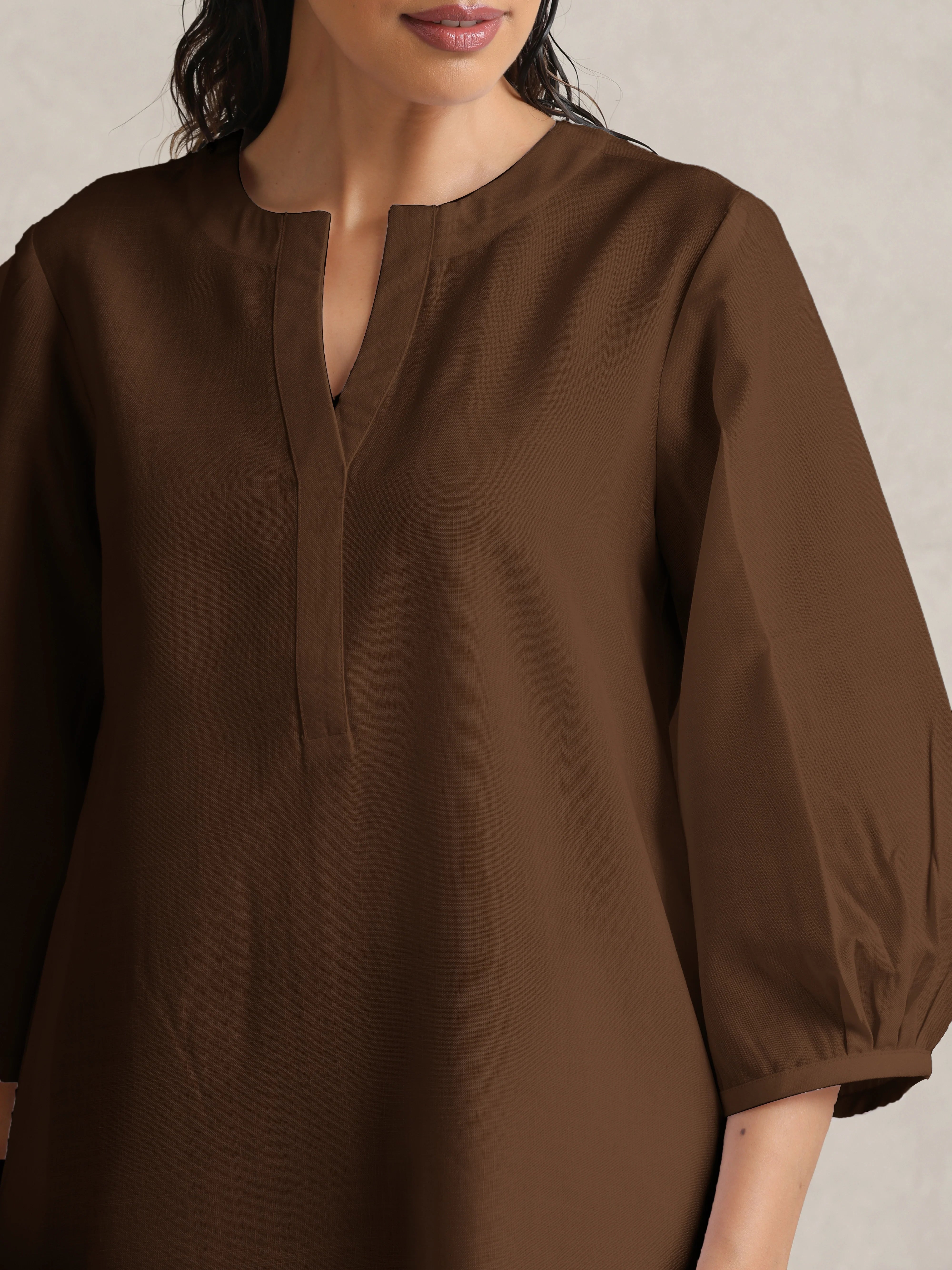 Women's Brown Cotton Blend Short Kurta