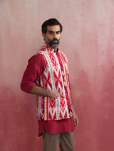 Men's Maroon Festive Printed Regular Fit Sleeveless Reversible Jacket
