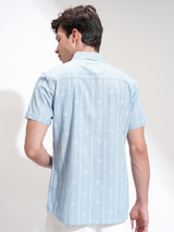 Men's Blue Casual Striped Half Sleeves Shirt