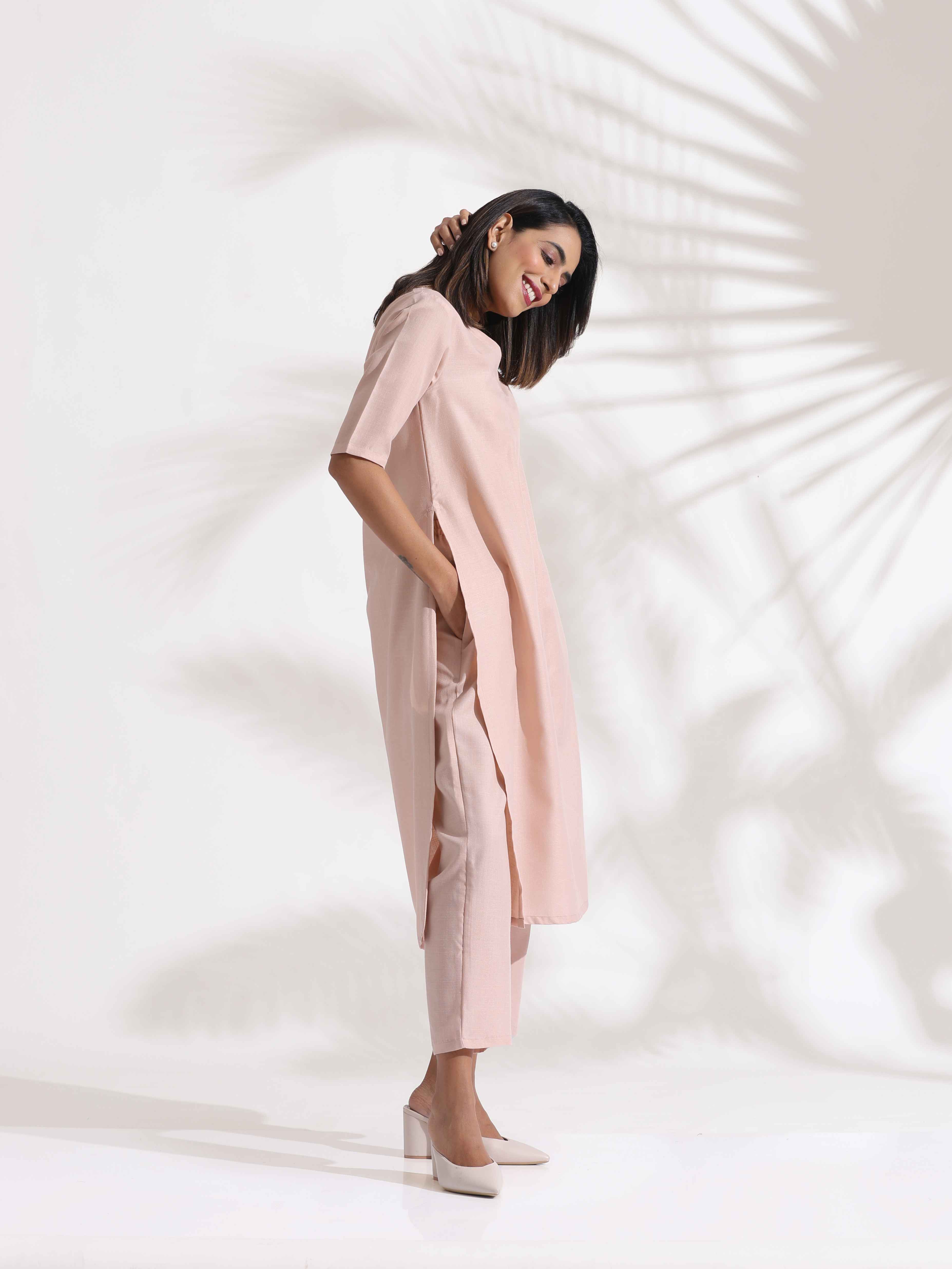 Women's Pink Slub Kurta Set