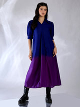 Women's Blue Casual Front Pleated Cotton Midi A-Line Dress