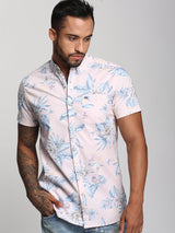 Men's Peach Casual Printed Slim Fit Half Sleeves Shirt