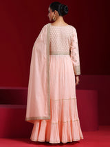Women's Peach Floral Embroidered Panelled Mulmul Long Kurta With Trouser and Dupatta