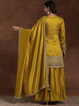 Women's Mustard Ethnic Motif Zari Embellished Short Kurta With Palazzos and Dupatta