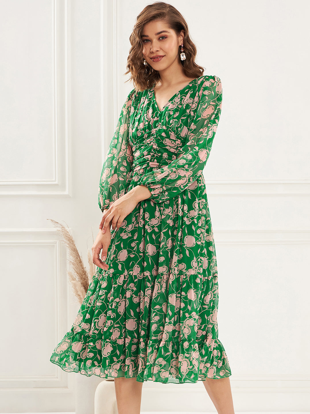 Women's Green Floral Printed V-Neck Puff Sleeve Pleated Tie Fit & Flare Dress