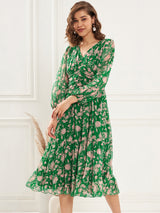 Women's Green Floral Printed V-Neck Puff Sleeve Pleated Tie Fit & Flare Dress