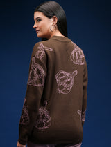 Women's Brown Casual Self-Design Full Sleeves Sweater