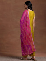 Women's Yellow Floral Embroidered Kurta with Lining and Solid Trouser with Self Design Dupatta