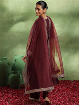 Women's Maroon Ethnic Motif Zari Embroidered Kurta With Lining & Trouser With Dupatta