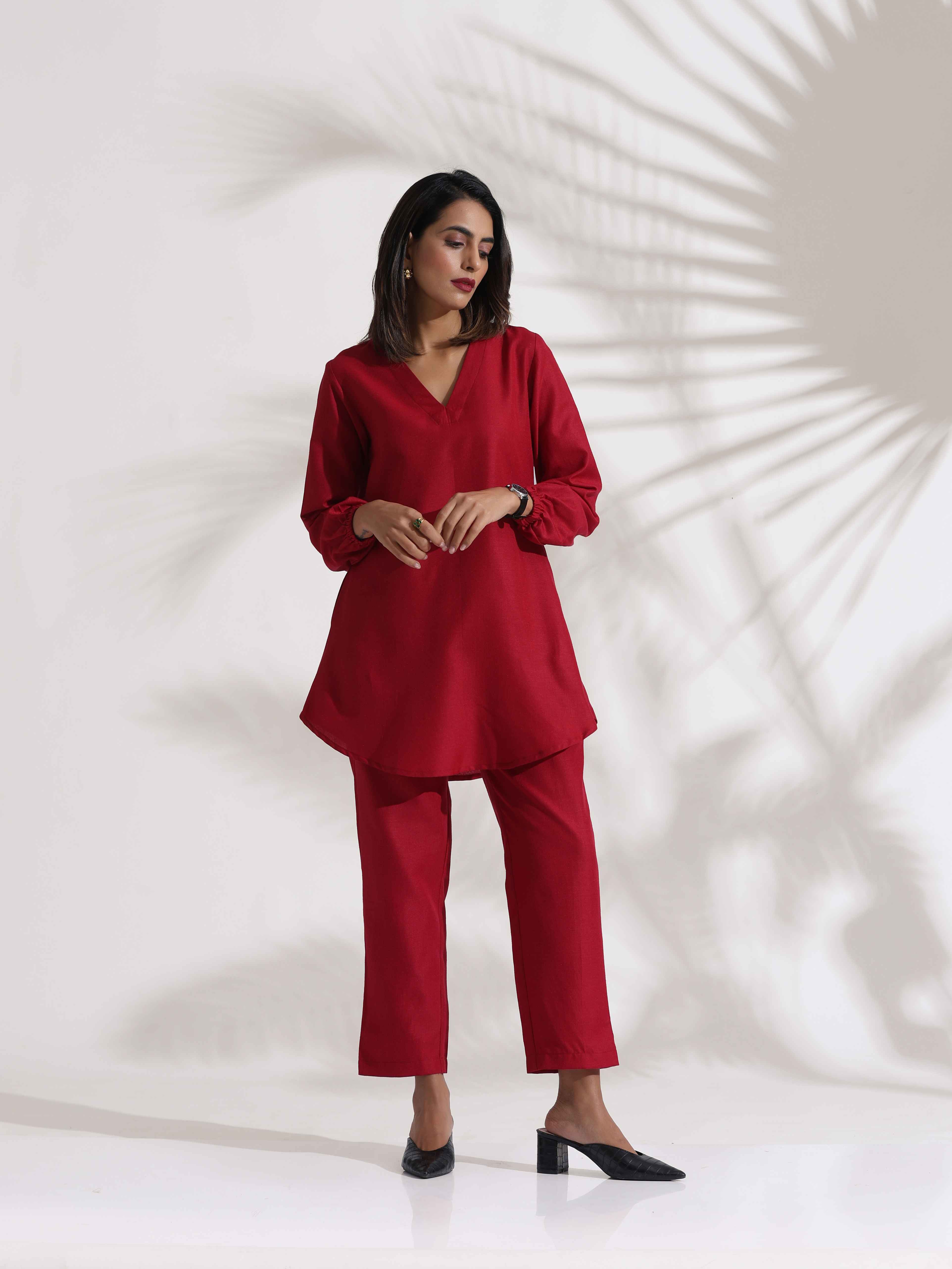 Women's Red Slub Co-ord Set