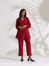Women's Red Slub Co-ord Set