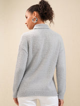 Women's Grey Casual Solid Full Sleeves Sweater