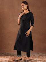 Women's Black Solid Straight Kurta and Solid Trouser with Self Design Dupatta