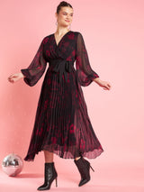 Women's Black V-Neck Bishop Sleeves Floral Printed Midi Opaque Party Dress