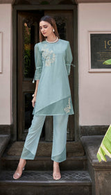 Women's Blue Work Regular Fit Embroidered Three Quarter Sleeves Co-Ord Sets