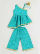 Girls Blue Cotton Ethnic Festive Kurta Set