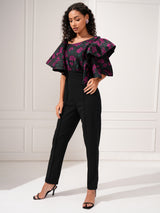 Women's Black Party Floral Half Sleeves Jumpsuit