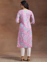 Women's Pink Floral Printed Straight Cotton Kurta
