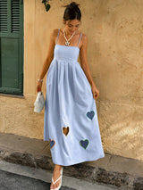 Women's Blue Off Shoulder Heart Printed Smocking Dress