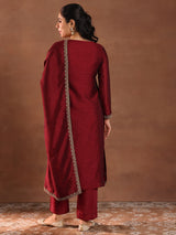Women's Red Ethnic Motif Embroidered Straight Kurta with Solid Trouser and Embellished Dupatta