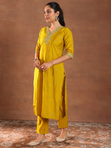 Women's Yellow Floral Embroidered Straight Kurta with Solid Trouser and Embellished Dupatta