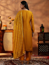 Women's Yellow Floral Embroidered Dobby Kurta with Solid Trouser and Poly Chiffon Self Design Dupatta