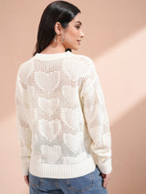 Women's White Casual Self-Design Full Sleeves Sweater