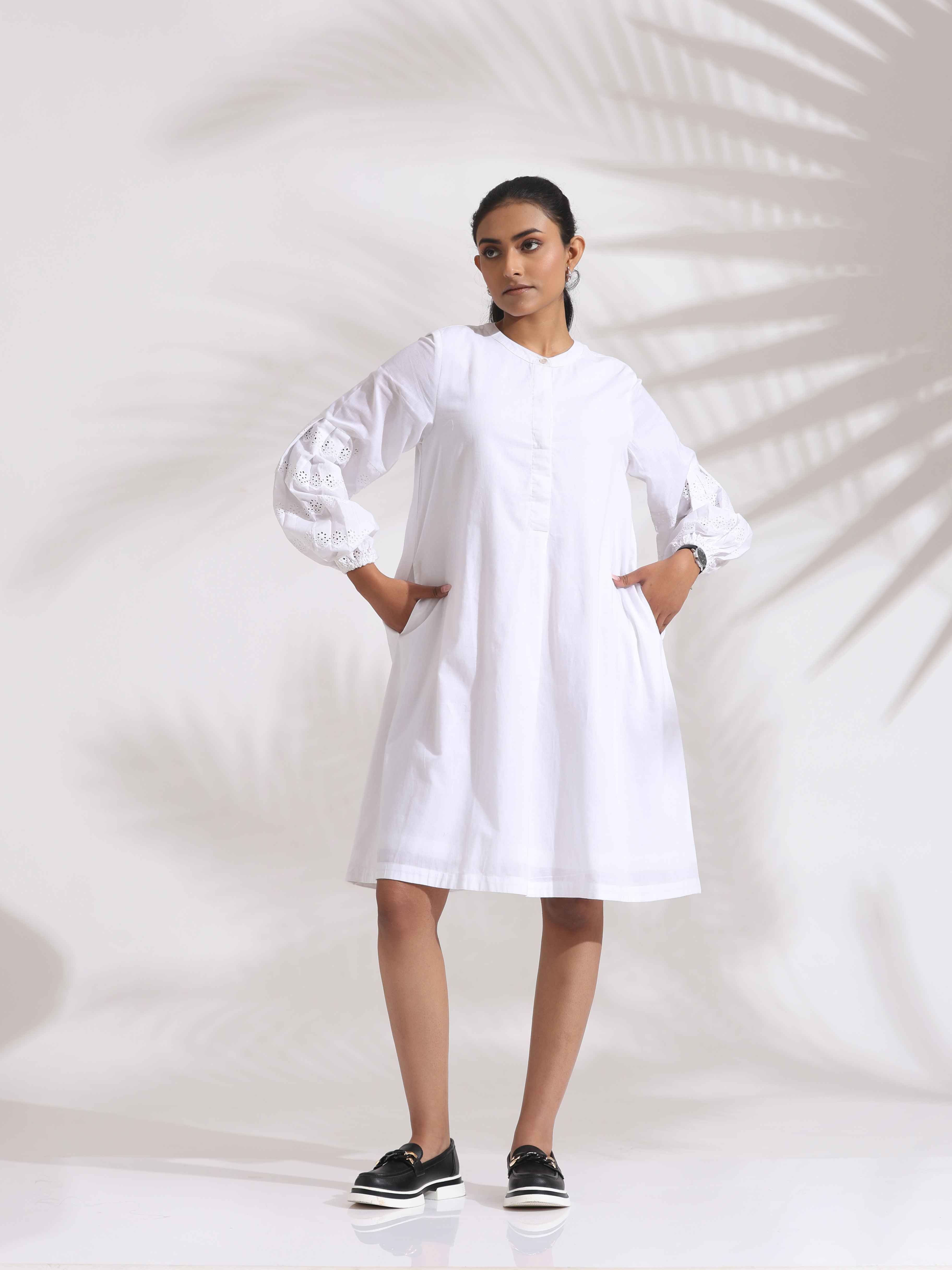 Women's White Cotton Schiffli Short Dress