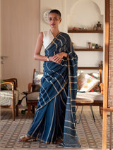 Women's Blue Cotton Blend Saree