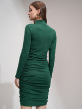 Women's Dark Green Party Solid Bodycon Ruched Mini Dress