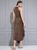 Women's Brown Party Embellished Ruffled Maxi Dress