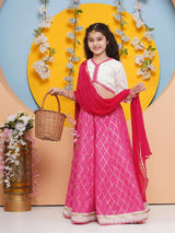 Girls White and Pink Ethnic Printed Three Quarter Sleeves Choli and Lehenga with Dupatta