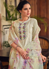 Women's Beige Fusion Regular Fit Embroidered Three Quarter Sleeves Kurtas Sets