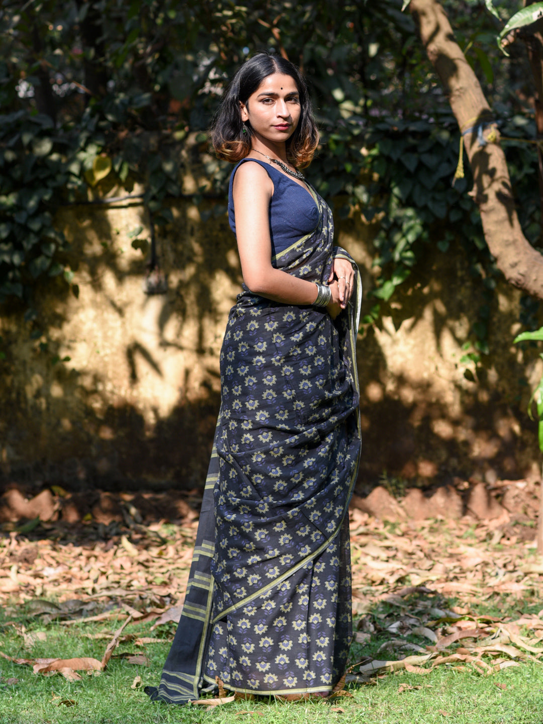 Women's Navy Pure Cotton Saree