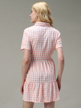 Women's Pink Casual A-Line Checked Dress