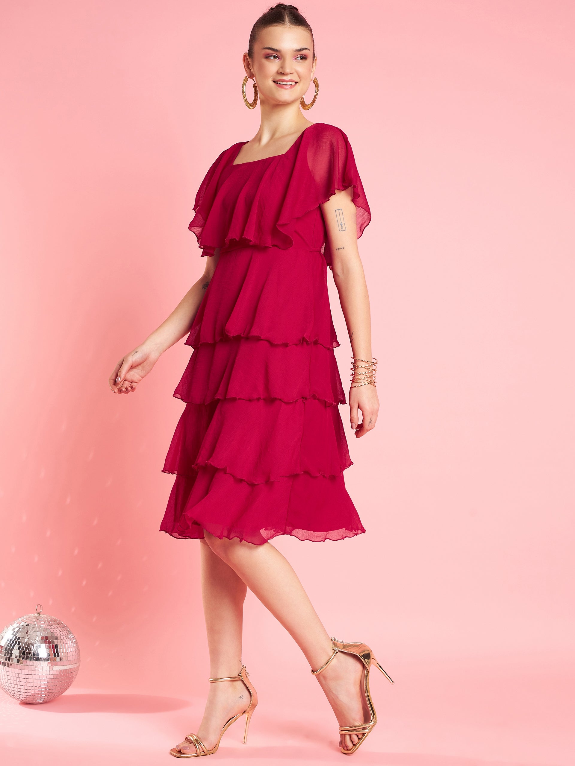 Women's Red Chiffon Gathe Or Pleated Fit & Flare Party Dress