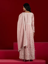 Women's Dusty Pink Pure Silk Embroidered a-line Kurta & Dusty Pink Trousers & Dupatta