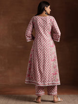 Women's Pink Floral Printed Panelled a-line Kurta with Printed Pink Palazzo